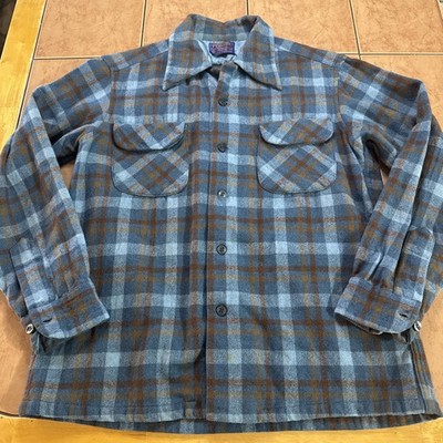 VTG Pendleton Board Shirt Blue Plaid Wool Flap Pockets Loop Collar Men's Sz Med