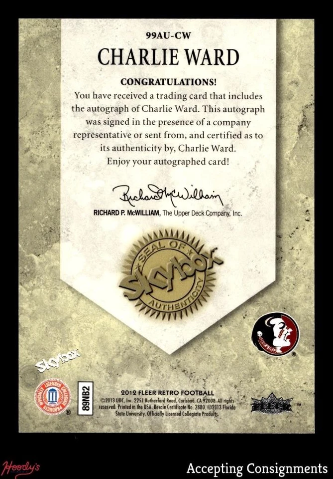 2012 Fleer Retro Autographics 1999 #99CW Charlie Ward AUTO - Image 2 of 2