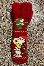 Peanuts Snoopy Woodstock Christmas Fuzzy Cozy Slipper Socks Red 1 Pair