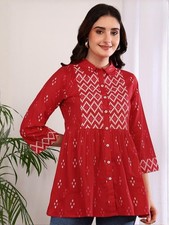 Indian Women BEAUTIFUL Red Cotton Geometric Printed Kurta Kurti Top Tunic Dress