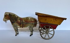 Antique 1914 Gibbs Horse Pony Cart Articulated Tin & Wood Toy Wagon Paper Litho~