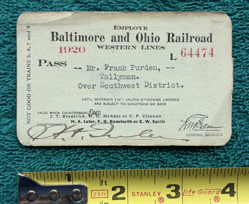 1920 Baltimore & Ohio Railroad Pass Western Lines B&O Railway Tallyman Ticket