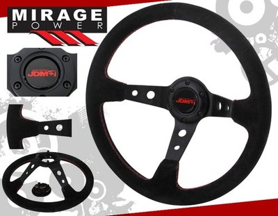 350mm Suede Black Leather Red Stitching Steering Wheel Jdm Vip Sport Button Horn
