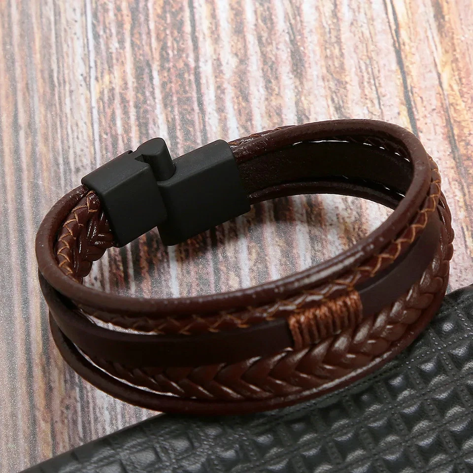 Magnetic Buckle Leather Bracelet Men Multilayer Braided Genuine Cowhide Jewelry - Image 4 of 4