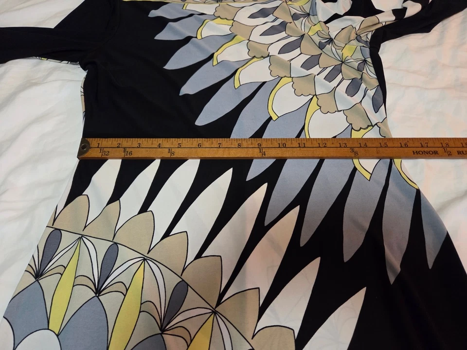 VESTIDO VAINA DONNA MORGAN HASTA LA RODILLA BARCO CUELLO NEGRO AMARILLO GEO ESTAMPADO TALLA 10 Foto 4 de 4