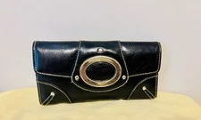 Vintage Women Black Leather Clutch Wallet Silver