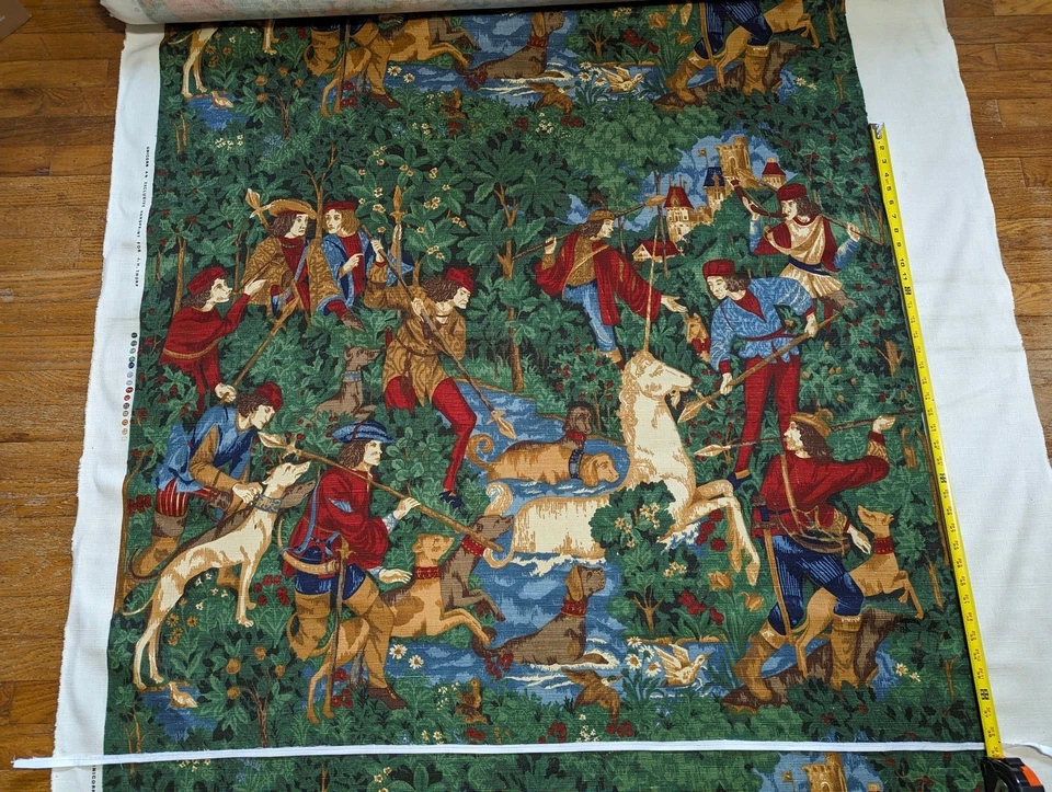 Escena de caza medieval tela de tapicería pesada panel de impresión manual J H Thorp Foto 4 de 4