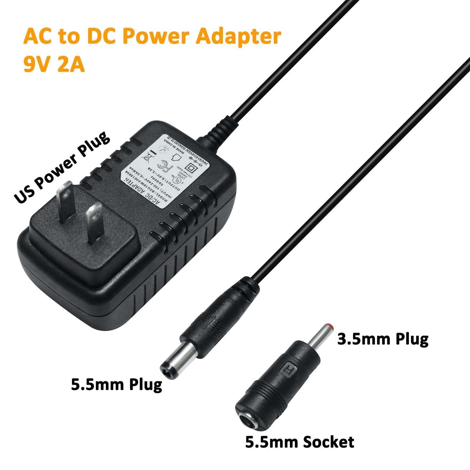 DCHAV UL Listed 9V 2A Power Supply 4ft AC Adapter 5.5x2.5mm 9V2A, black ...