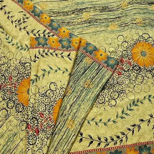Vintage Beige Moss Crepe Printed Saree Floral Design 5 Yards Soft Craft Fabric - Picture 15 of 24