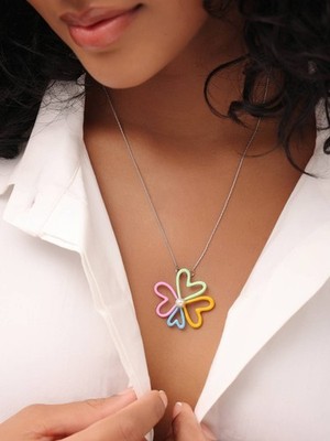 14K White Gold Over Pearl Multicolor Enamel Floral Pendant With Chain For Women