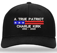 Charlie Kirk USA TRUE PATRIOT - Embroidered  Trucker Mesh Hat Not Violence