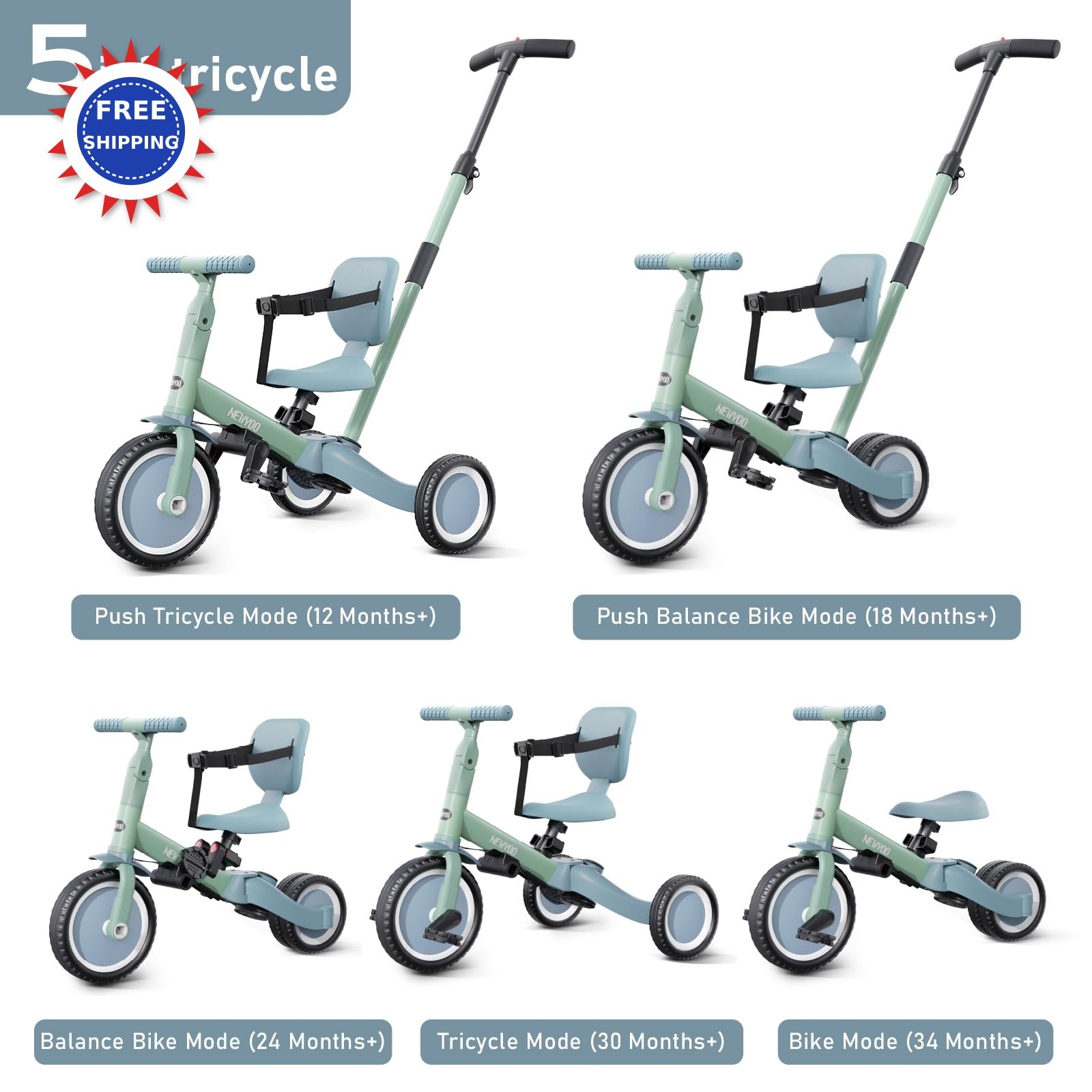 Toddler Tricycle 5 in 1 Kids Bike Convert to Balance Green TR007 1-3 newyoo thumbnail 2