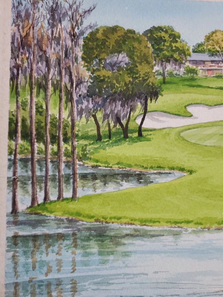 Винтажное оригинальное акварельное поле для гольфа с автографом Robert R. Young «Island No.9»  - Изображение 3 из 4