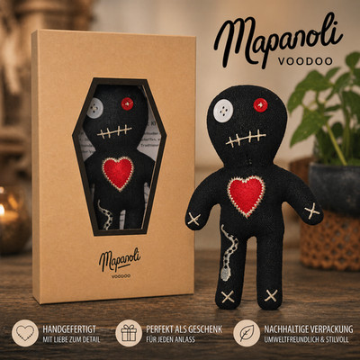 Mapanoli Voodoo Puppe schwarz 16 cm Set mit Nadeln Box Anleitung Geschenk Deko