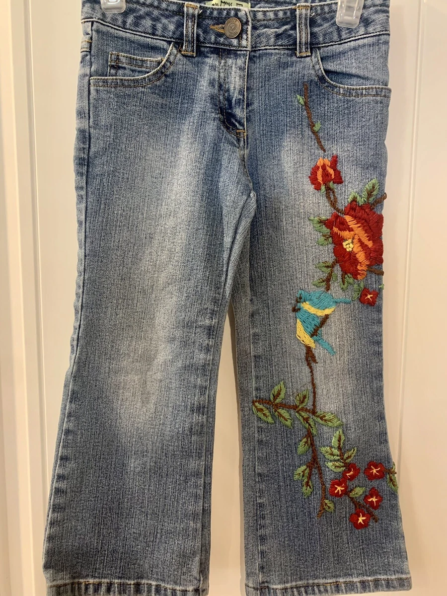 Jean Fille Little Mass Taille 7 - Broderies Strass Roses - Denim - Neuf Avec étiquette
