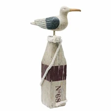 Seagull Statue Decor Nautical Theme Sea Bird Sitting on a Pillar Hand Carved