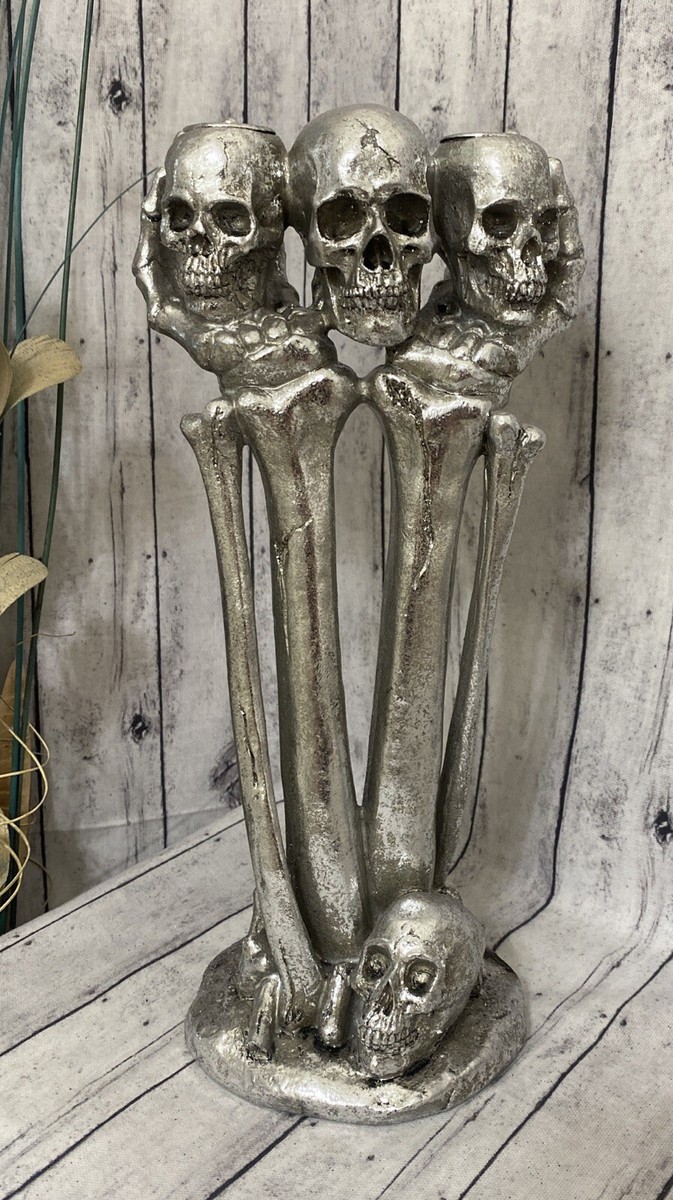 Martha Stewart Halloween Silver Skull & Bones Candle Holder