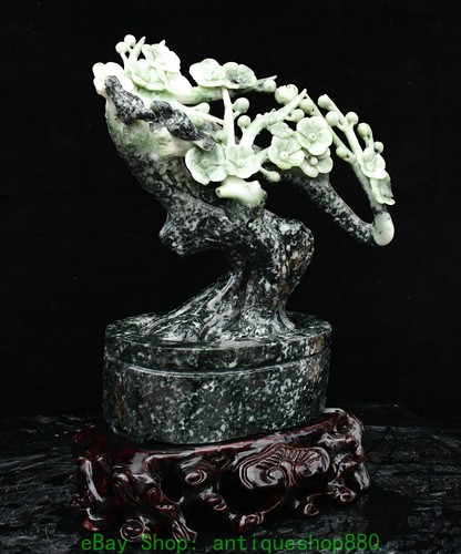 Estatua de bonsái de pájaro ciruela tallada en jade natural chino de 13,7"" en maceta - Imagen 7 de 12