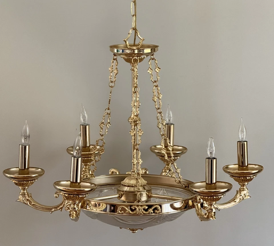 Vintage French Regency Brass Chandelier Frosted Bowl Ornate 9 Lights 2 Available - Image 2 of 4