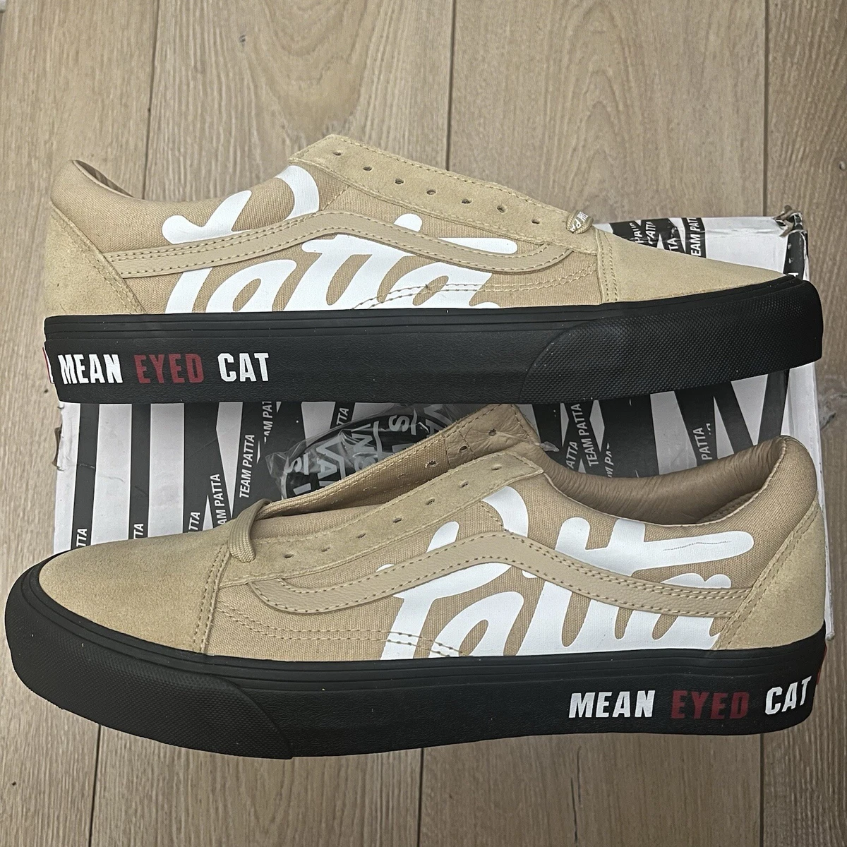 Patta X Vans Vault SK8 OLD SKOOL VLT LX Almond Buff Mens Size 9.5 Mean Eyed Cat Vans Review: Vans Vault x Patta “Mean Eyed Cat” Old Skool  main image 2