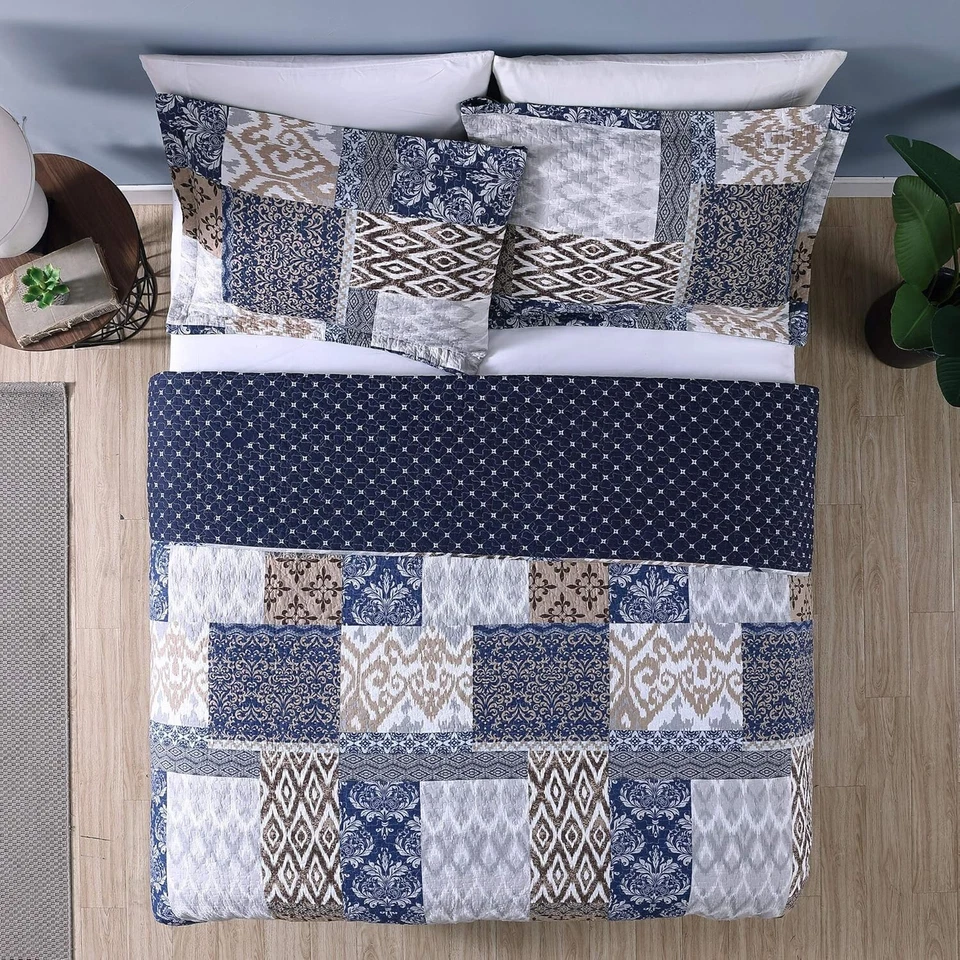 Queen Quilt Set Farmhouse Blue Gray Brown Country Bohemian Eclectic Rustic 3 Pc - Image 3 of 4