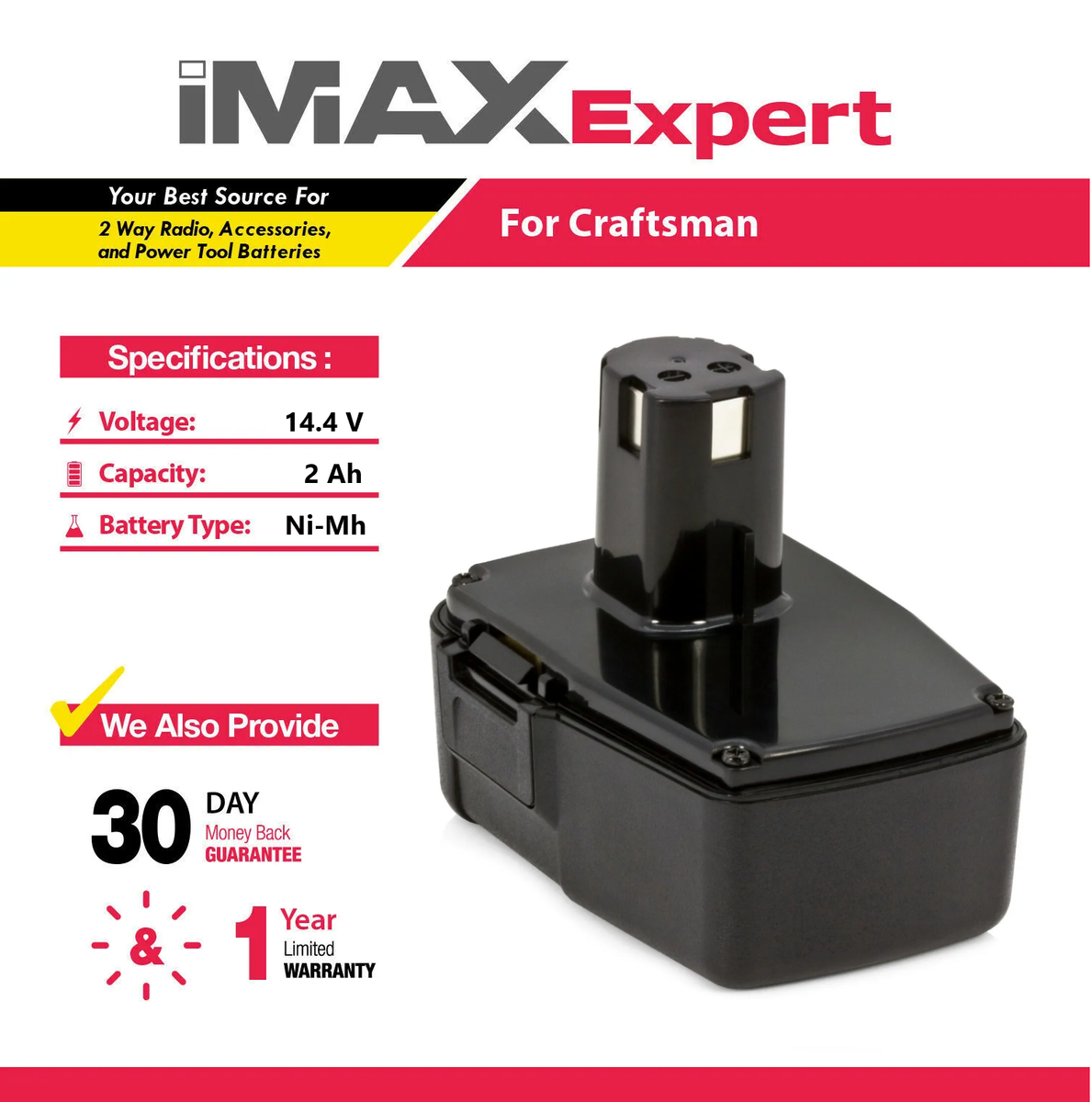Do電地 14.4V 2Ah NiMh Battery for Craftsman 11105, 11107, 982151-001