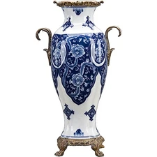 Blue, White Porcelain Chinoiserie Mantel Vase.Bronze Accents.Hand Painted-17.5”H