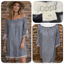 Striped Cotton Embroidered Off The Shoulder Boho Dress Cover Up Size M Tassels