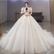 White Short Sleeves Wedding Dress Scoop Neck Beaded Court Train Bridal Gowns