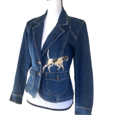 VTG Western Embellished Stretch Denim Jean Blazer Jacket Sz S  Horse Dog