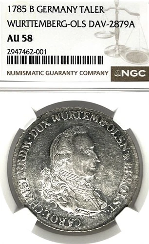 German States WURTTEMBERG-OELS 1785KB Taler Coin Thaler NGC AU 58 VZ/F.STG RARE