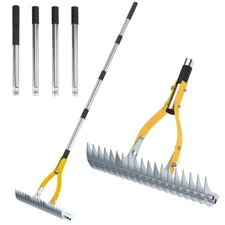 TOOVEM Thatch Rake 15-inch Lawn Thatching with Heavy Duty Steel Tines