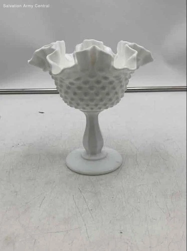 Vintage Fenton White Milk Glass Hobnail Ruffled Rim Pedestal Compote Bowl