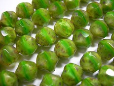 15 9mm Green Opal Picasso Firepolished Thru Cuts Czech Glass Beads