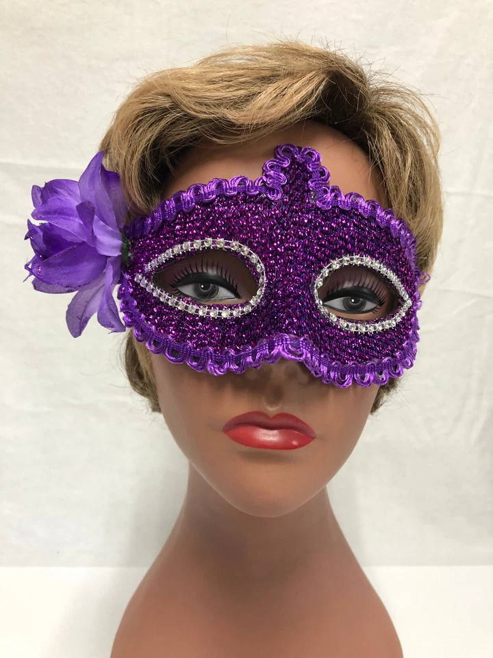 Masquerade Masks One Purple w. Flower and Ribbon Tie 2 With Glitter and Elastic - Image 3 of 4