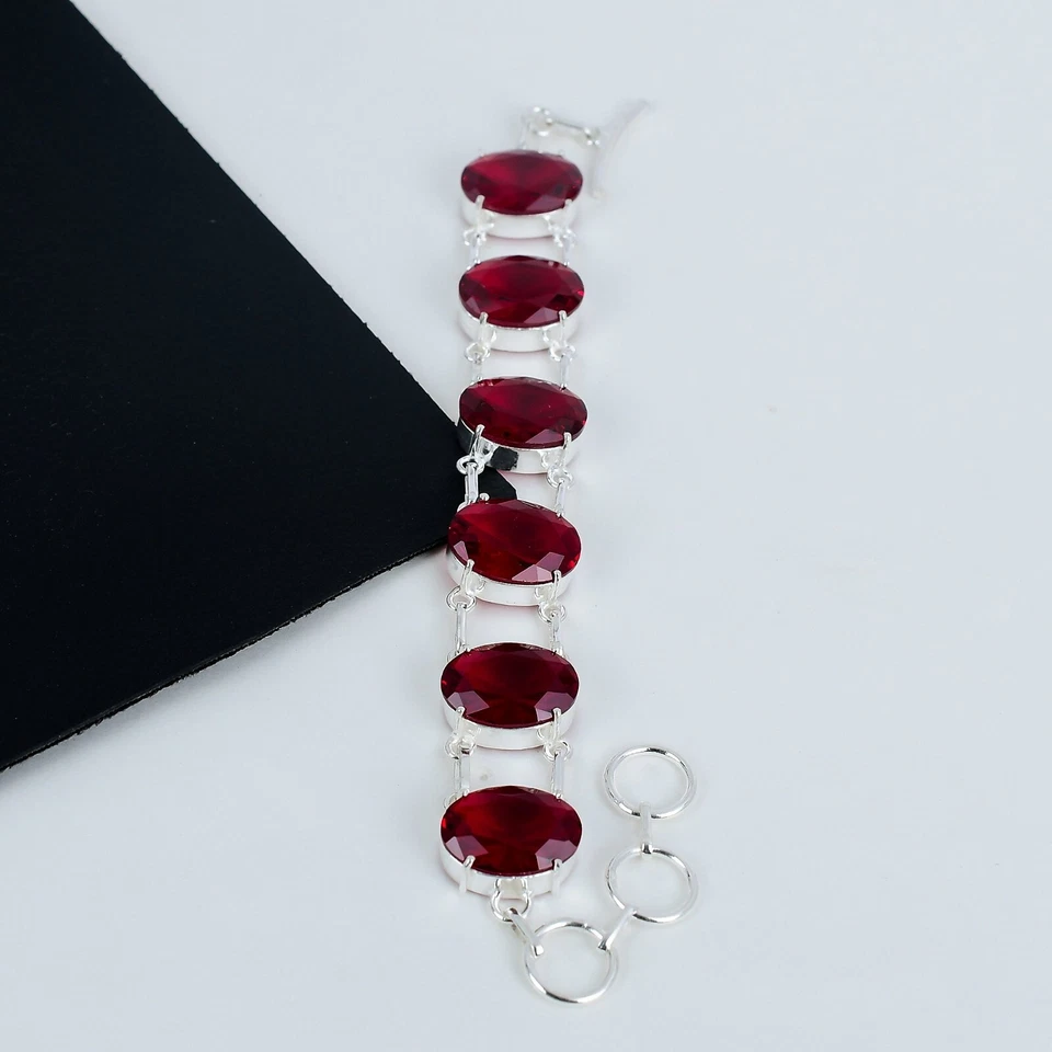 Beautiful Red Ruby Gemstone Bracelet 925 Sterling Silver Jewelry For Love Gifts - Image 2 of 4