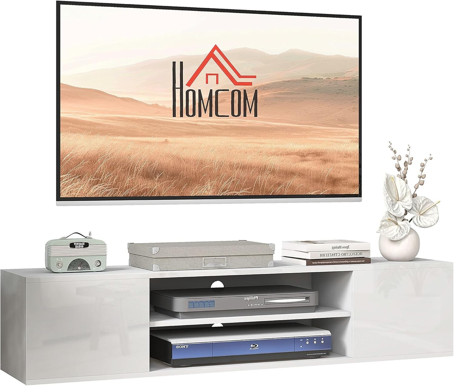 Glossy White TV Stand Floating Wall Mounted Entertainment Unit Cupboards Shelves