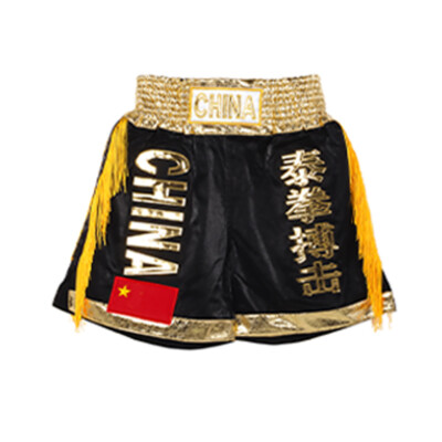 Boxing Shorts Gold Tassels Leg Ends Embroidery Muay Thai Satin