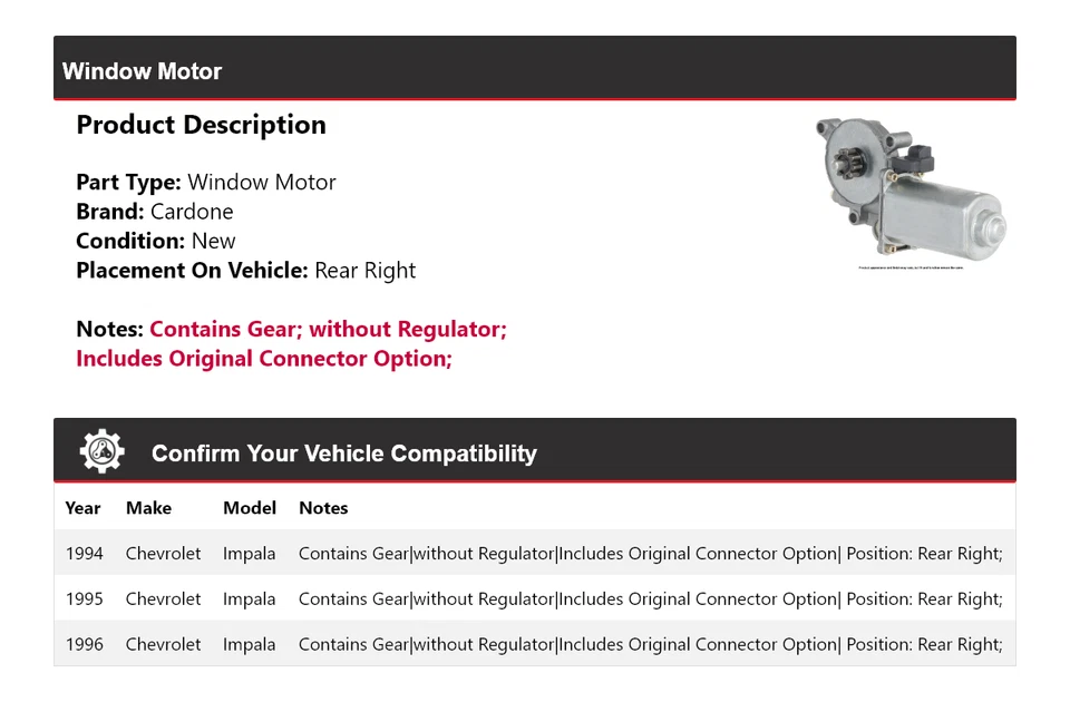 Para 1994-1996 Chevrolet Impala motor de janela traseiro direito Cardone 1995 - Imagem 2 de 4