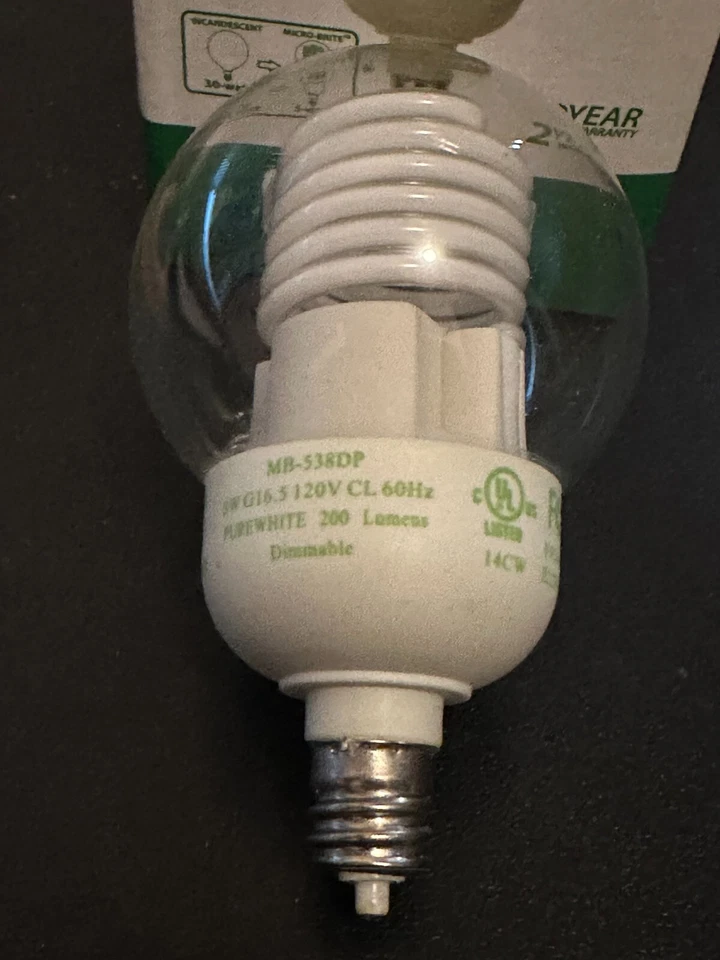 LITETRONICS 5W CLEAR G16.5 SPIRAL GLOBE  CANDLABRA BASE  (BOX OF 4) - Image 2 of 4