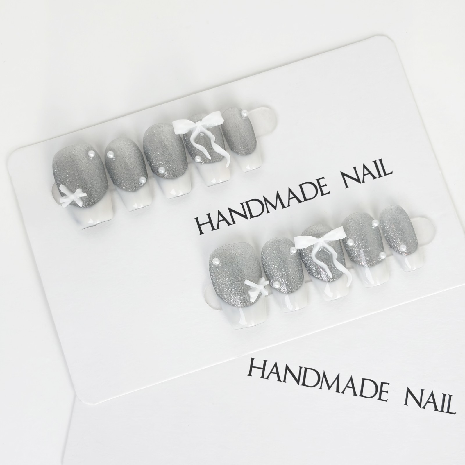 Silver Glitter Ballet French Press-On Nails with 3D Bow & Pearls - Square Shape
