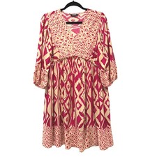 BTFBM Women's Beige Pink Print Long Sleeve V Neck Midi Dress Size Small