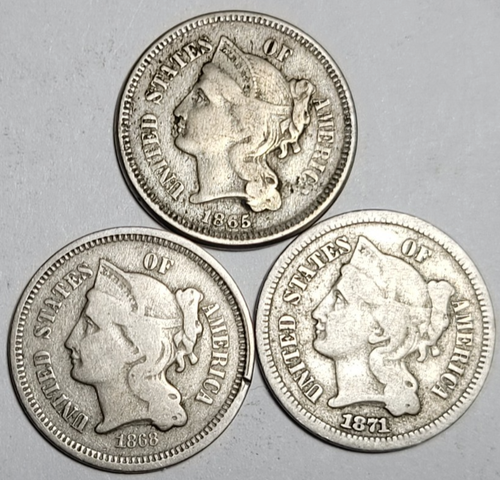 3 coins 1865-1868-1871 3 Cents Nickel - Picture 3 of 4