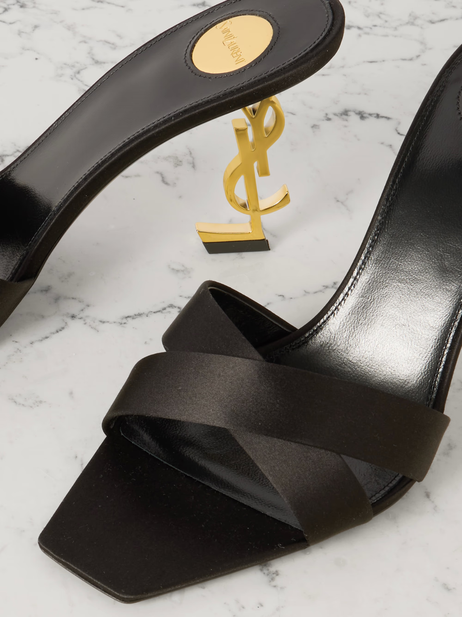 Saint Laurent Opyum 85 Sandal Black Satin Gold YSL Heel Backless