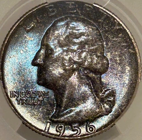 1956 P Washington Silver Quarter CAC MS66 Toned in Blues & Purples