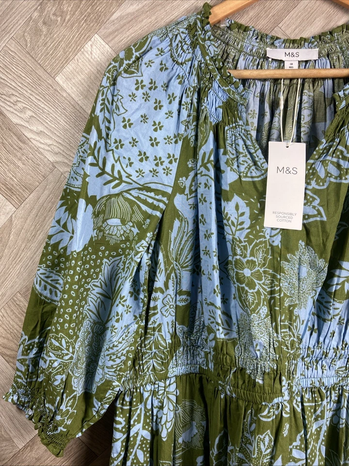 M&S Green/Blue Mix Floral Maxi Boho Dress Half Sleeve Pull On Size 18 New - Image 3 of 4