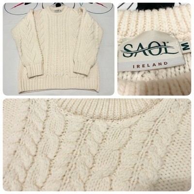 Mens Saol Cable Knit Sweater Merino Wool Aran Ireland Fisherman Cream M Mint!