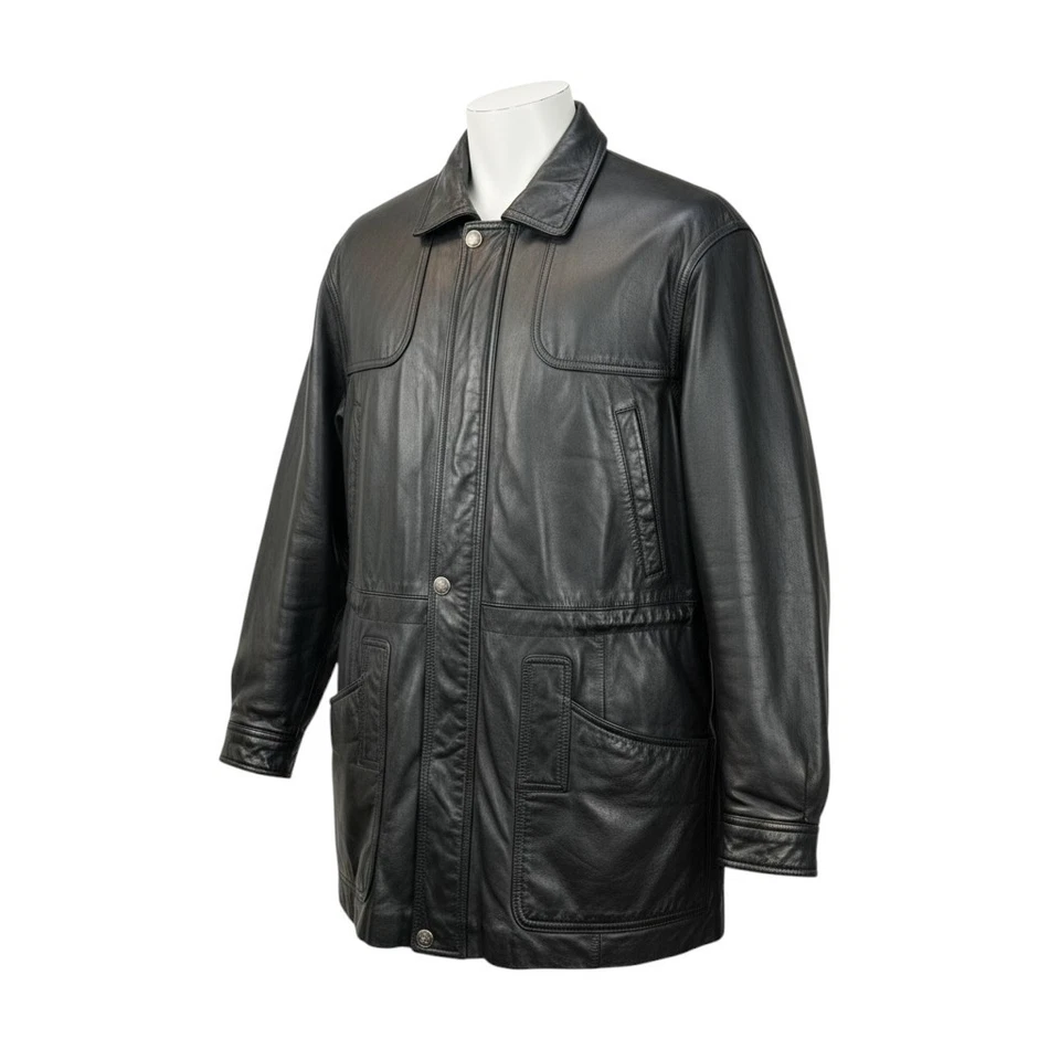 Chaqueta de Campo de Cuero Wilsons Para Hombres Años 90 Parka de Carga Negra Aislante Mediana Motociclista De Colección Foto 2 de 4