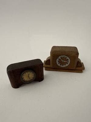 Vintage Dollhouse Clock Set Wooden Mantel Clocks Miniature 1940s Toy