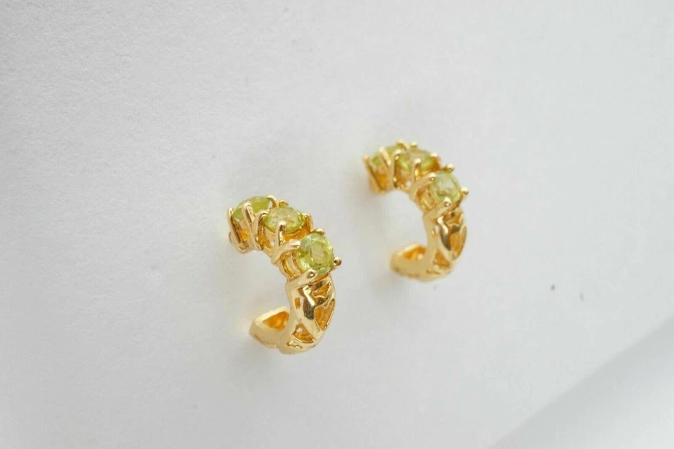 Natural Green Peridot Gemstone 14k Yellow Gold Half Hoop Stud Earrings s095 - Image 2 of 4